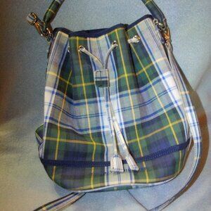 Vintage Tommy Hilfiger Plaid Drawstring Bucket Bag Purse  Green Blue White